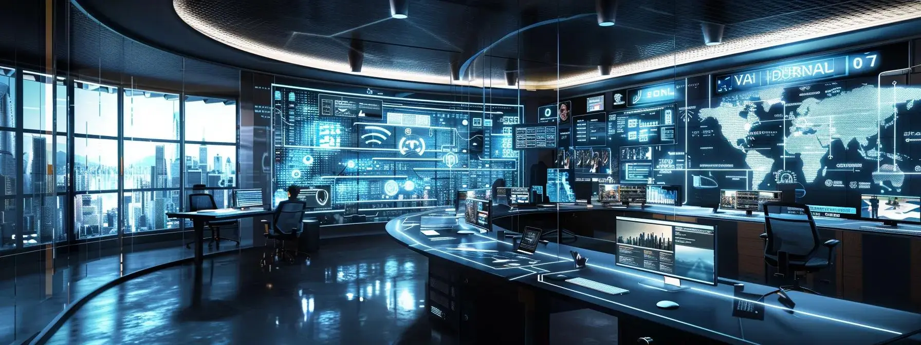 a sleek, modern office environment showcasing a futuristic marketing agency where a diverse team collaborates intently over digital devices, analyzing advanced ai tools and analytics on large screens, emphasizing innovation and strategic growth for small businesses.