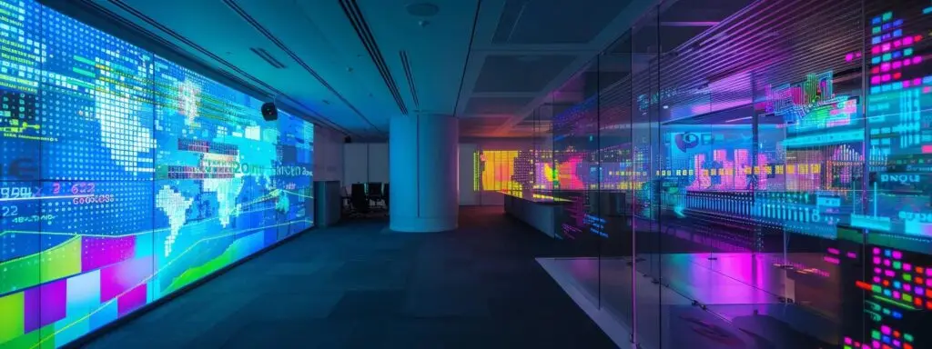 a sleek, modern office filled with holographic displays showcasing vibrant graphs and analytics, depicting the seamless integration of digital marketing data with ai tools, bathed in soft, ambient lighting.