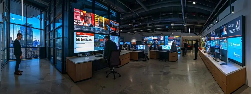 a sleek, modern office space showcases a dynamic digital marketing team collaborating over large interactive screens displaying vibrant data analytics and ai tools, emphasizing a future-oriented approach to personalized customer engagement.