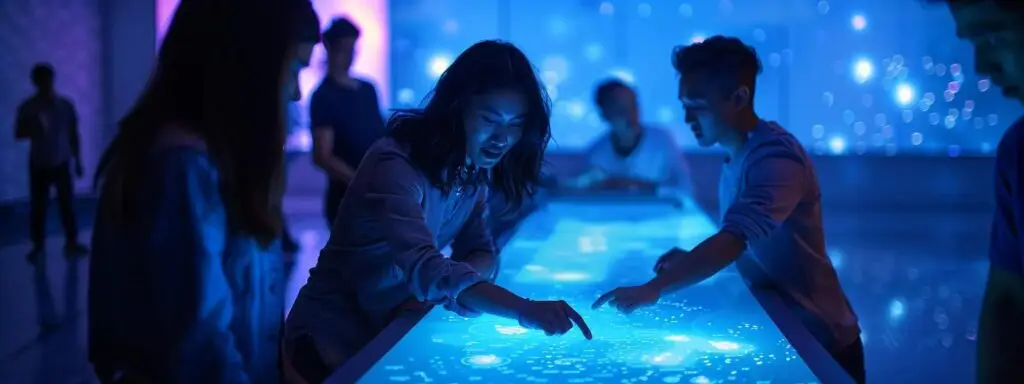 in a sleek, modern office illuminated by soft blue ambient lighting, a diverse team of focused professionals collaborates around a high-tech touchscreen table displaying dynamic data visualizations, symbolizing the transformative impact of ai tools on content marketing strategies.