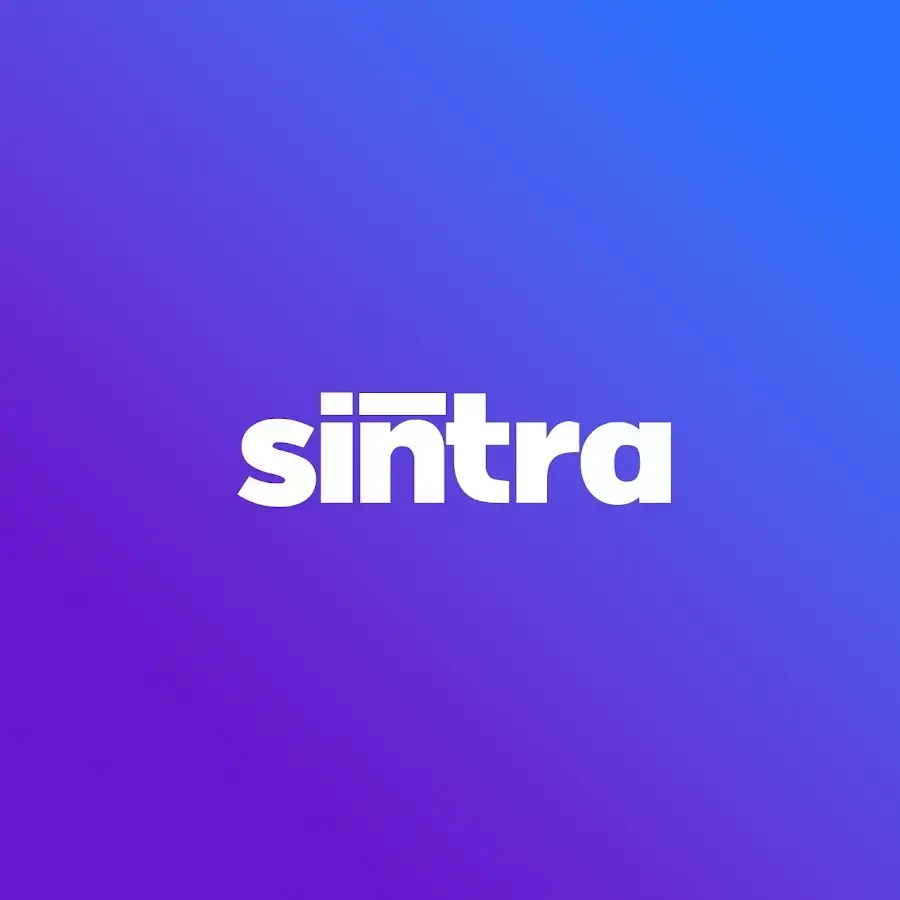 Sintra logo on a gradient blue and purple background, representing a virtual business think tank for entrepreneurs and AI-driven business growth.