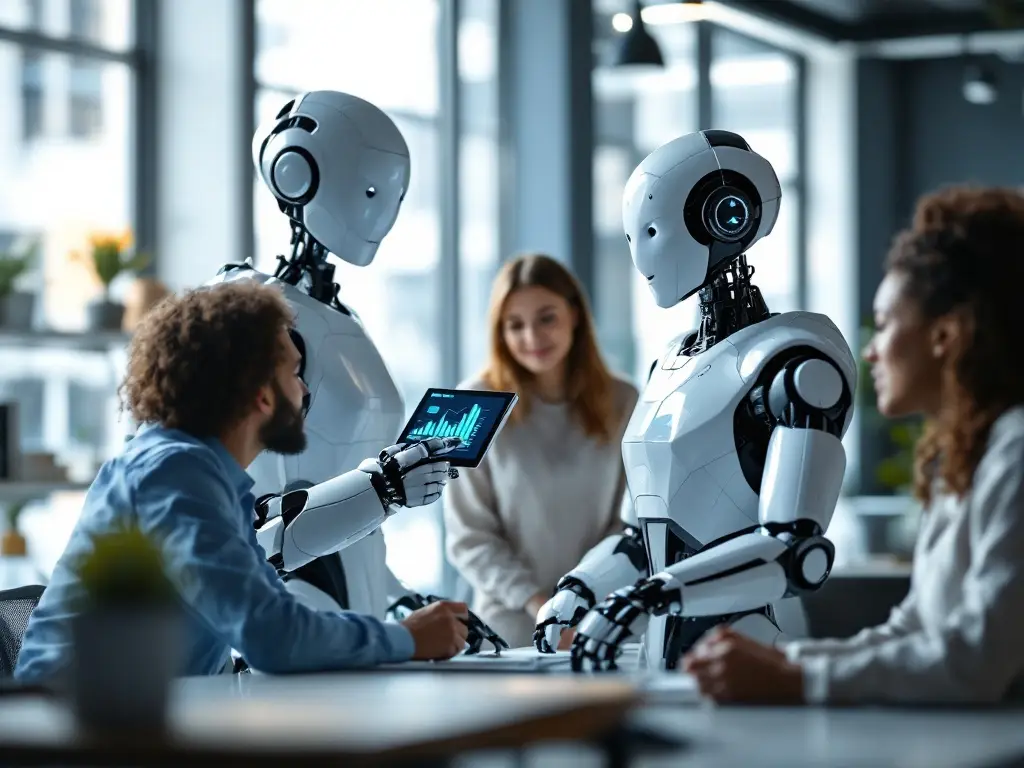 Robots presenting data on a tablet to a diverse group of professionals in a modern office setting, illustrating the integration of AI in marketing strategies.