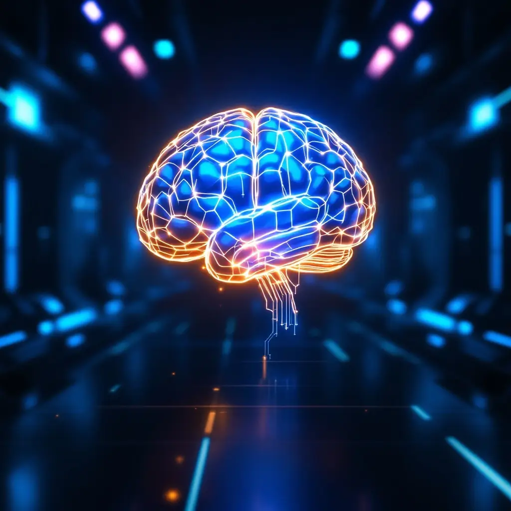 Neon blue and orange digital brain illustration symbolizing innovative social media strategies and analytics for enhanced brand engagement.