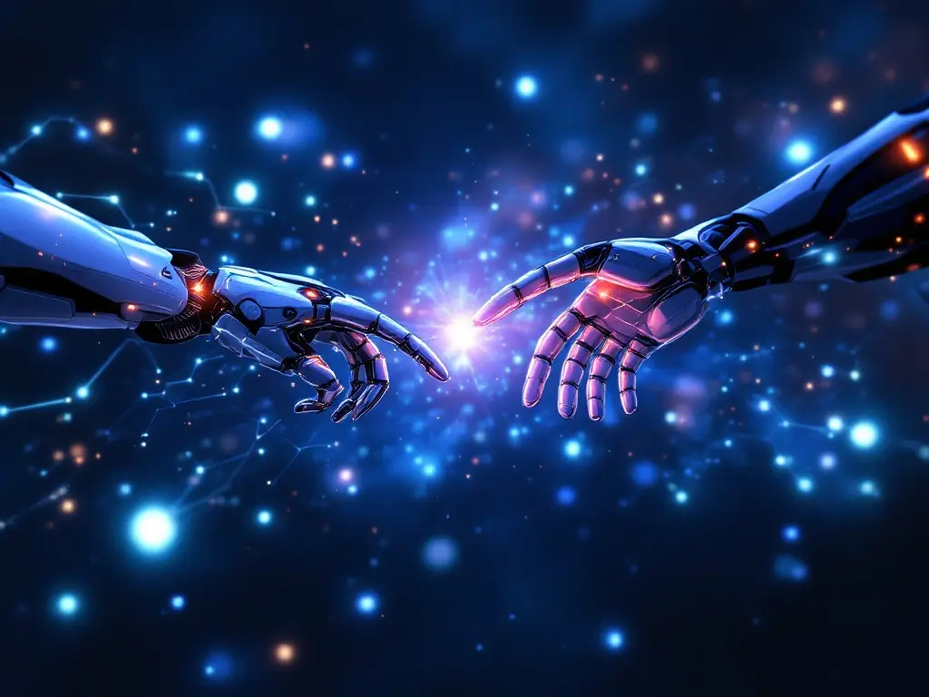 Robot hands reaching towards each other, symbolizing AI integration and digital marketing innovation.
