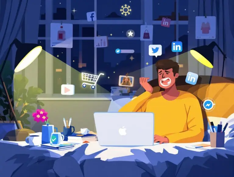 Person in yellow shirt sitting at desk with laptop, surrounded by social media icons including Twitter and LinkedIn, depicting the challenges of managing social media marketing for eCommerce at night.