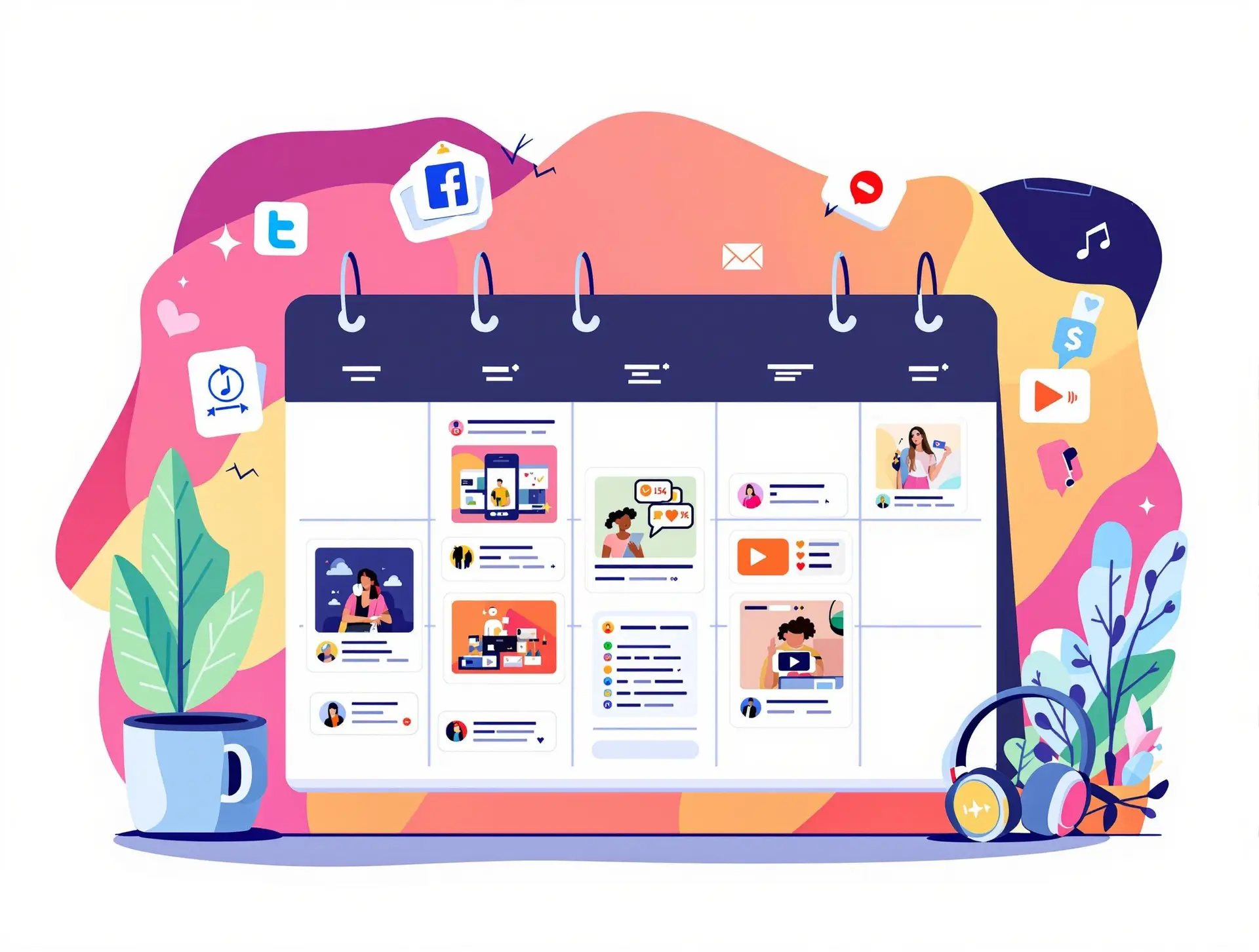 Colorful digital calendar showcasing eCommerce social media posts, featuring icons for platforms like Facebook and Twitter, surrounded by decorative plants and headphones, illustrating social media automation tools for online businesses.