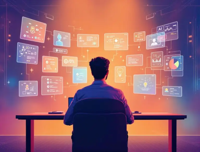 Person seated at a desk facing a digital display of interactive business analytics and AI data visualizations, emphasizing technology's role in optimizing small business systems and strategies.