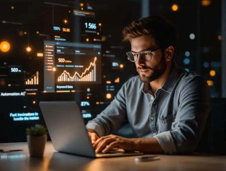 Man working on laptop analyzing SEO data and graphs in a dark office setting, with digital analytics displayed in the background.