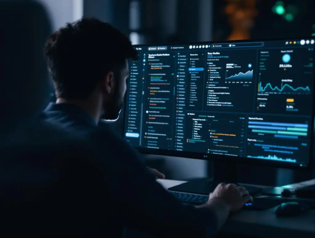 Person analyzing SEO data on dual monitors, showcasing analytics dashboard with graphs and metrics relevant to SearchAtlas and digital marketing strategies.