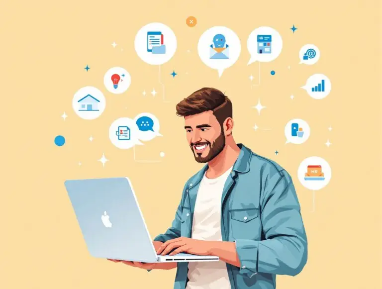 Man using a laptop surrounded by icons representing business tools and communication, illustrating efficiency and organization for small businesses and solopreneurs.