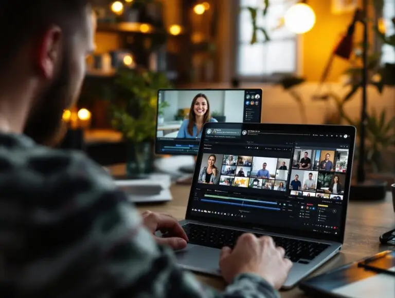 Person using a laptop for video conferencing, with multiple participants displayed on the screen, illustrating digital marketing strategies and remote collaboration.