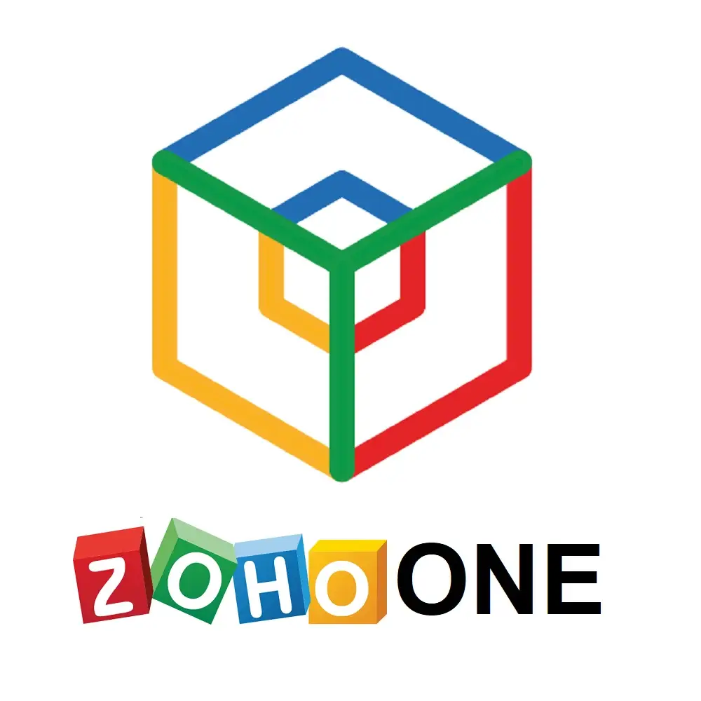 Zoho One logo featuring a colorful cube design and the text "ZOHO ONE," representing an integrated suite of business tools for small teams and solopreneurs.