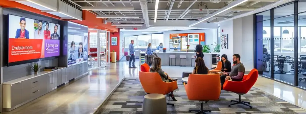 Dynamic urban office space featuring collaborative seating area with orange chairs, large digital screens displaying marketing content, and professionals engaging in discussions, reflecting innovative work environment for insurance agencies in California.