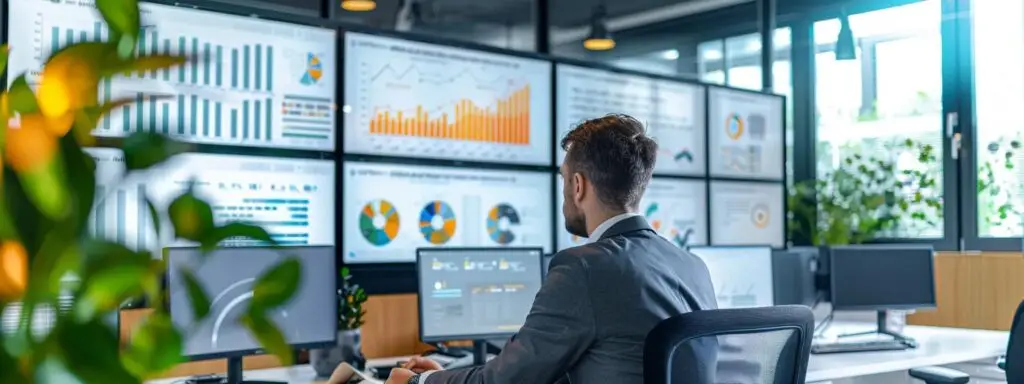 Business professional analyzing data on multiple screens in a modern office, showcasing digital marketing metrics and performance indicators relevant to insurance agency strategies.