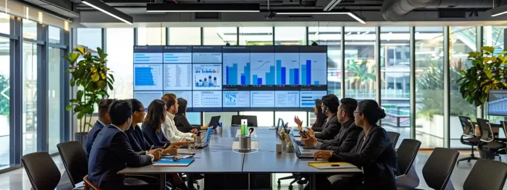Modern conference room with professionals discussing digital marketing strategies, large screen displaying data analytics and graphs, emphasizing collaboration and technology in insurance agency marketing.