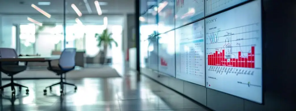 Modern office workspace with a large digital display showing financial data and charts, highlighting analytics for insurance marketing strategies in California.