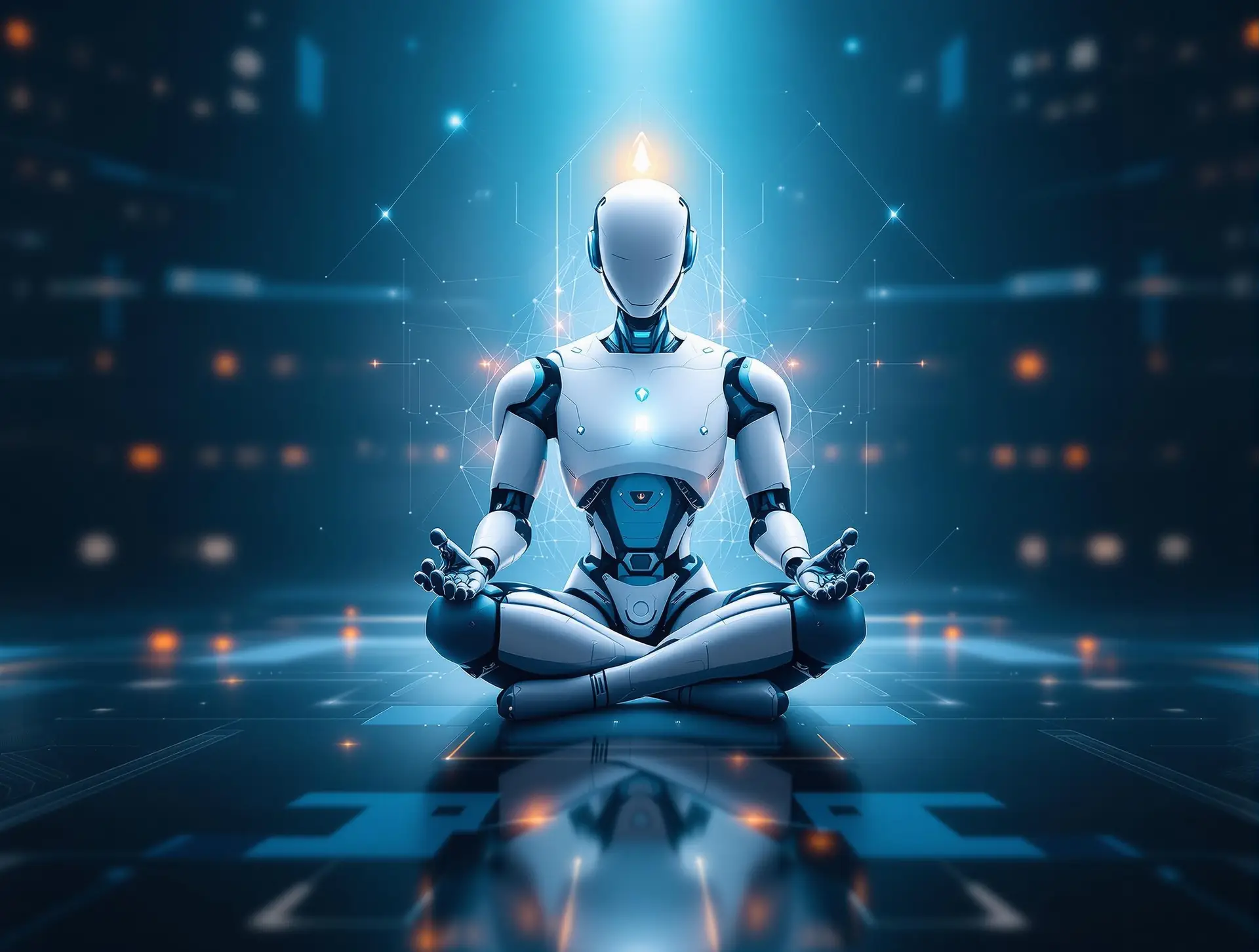 Meditating robot in a futuristic digital environment, symbolizing advanced AI and automation in marketing strategies.