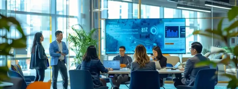 Modern urban office meeting with diverse professionals collaborating around a table, digital screens displaying data analytics, emphasizing teamwork and digital marketing strategies.