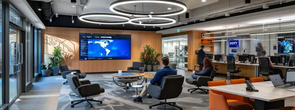 Modern office interior with collaborative seating, large digital display showing global data, and workstations, emphasizing a tech-driven environment for insurance agencies in California.