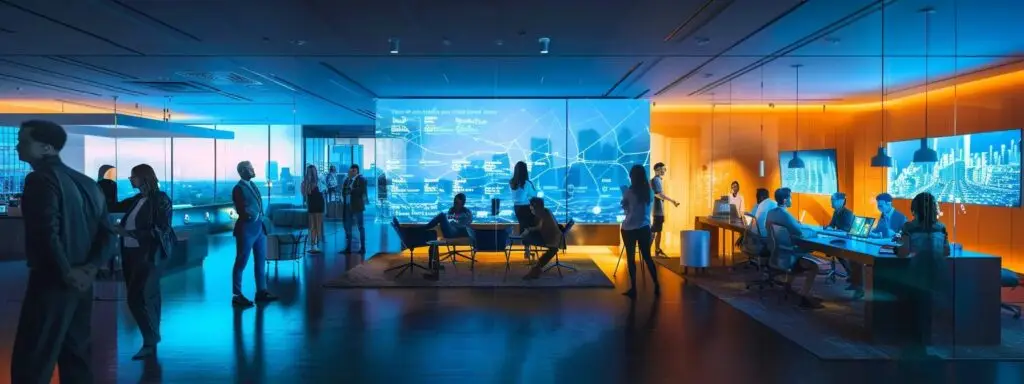 Futuristic marketing office with professionals collaborating, digital displays showcasing data analytics and marketing strategies, emphasizing AI-driven solutions for business scalability.