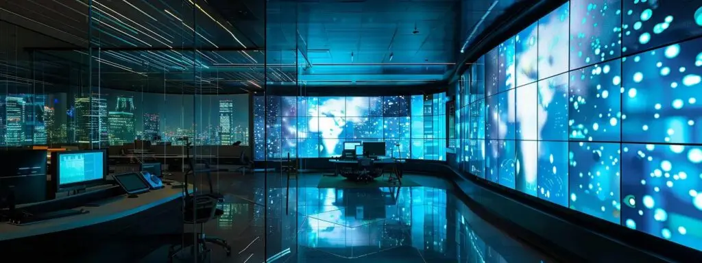 Futuristic marketing control room with large digital screens displaying data analytics and real-time metrics, emphasizing advanced technology for optimizing marketing strategies.