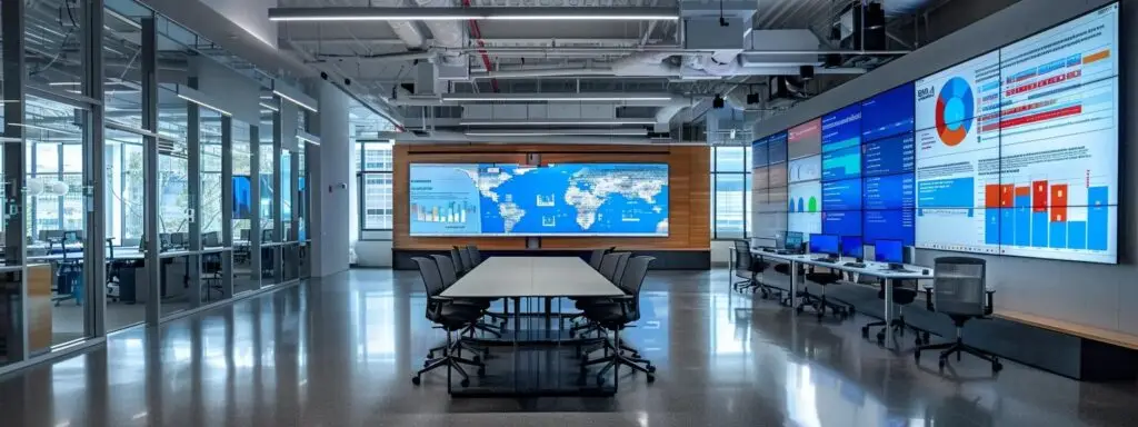 Modern analytics workspace featuring large digital screens displaying data visualizations and performance metrics, emphasizing real-time marketing insights and campaign optimization for strategic decision-making.