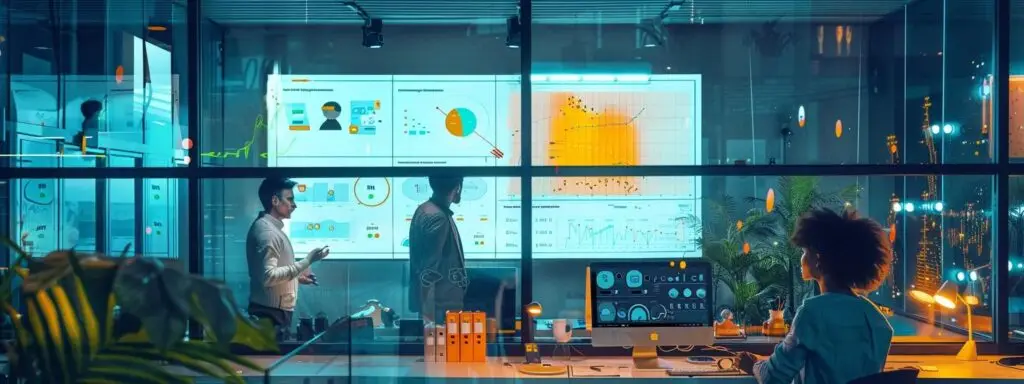 Team analyzing data analytics and performance metrics in a modern office with digital dashboards, highlighting AI-driven marketing insights and campaign optimization strategies.