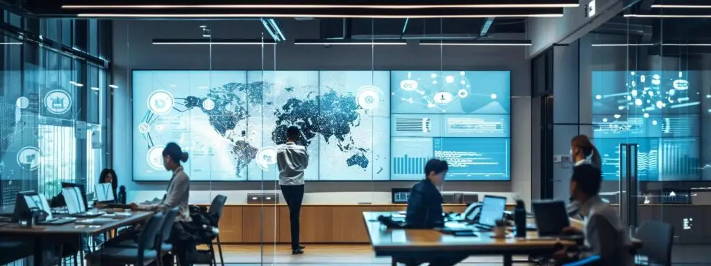 Modern office space with team collaborating, featuring large digital screens displaying data analytics and global maps, emphasizing AI-driven marketing solutions and data-driven decision making.