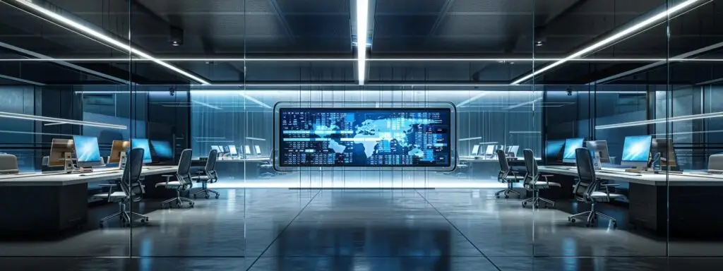Futuristic marketing office with sleek design, featuring multiple workstations and a large digital display showcasing data analytics and marketing metrics.