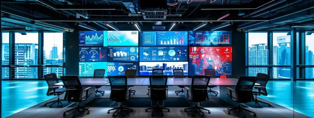 Modern conference room with a large display wall showcasing data analytics and marketing metrics, emphasizing the integration of technology in the Absolute HYBRID Marketing AI Suite.