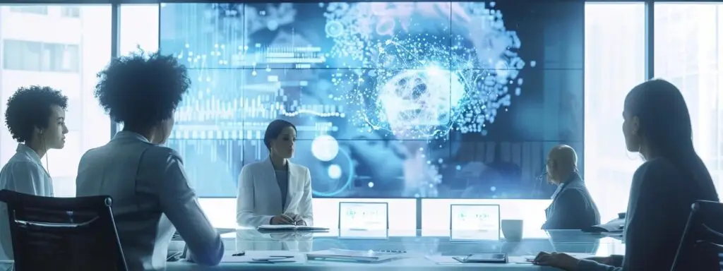 Business meeting with diverse professionals discussing AI-driven marketing strategies, featuring a digital display of data analytics and marketing insights.