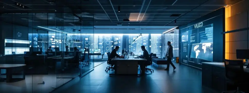 Futuristic marketing office with AI-driven technology, featuring illuminated screens displaying data analytics and global maps, showcasing collaborative workspace with professionals engaged in strategic planning.