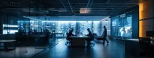Futuristic marketing office with illuminated screens, team collaborating around a central table, showcasing modern digital marketing environment.