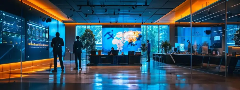 Futuristic marketing office with digital dashboards displaying analytics and global maps, showcasing AI-driven marketing solutions and data visualization.