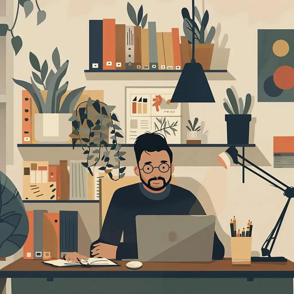 Small business owner using an AI SEO tool in a cozy office setting