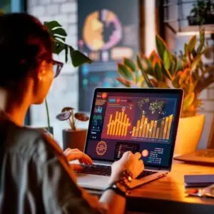 Small business owner using AI-driven marketing tools for WordPress SEO in a cozy office