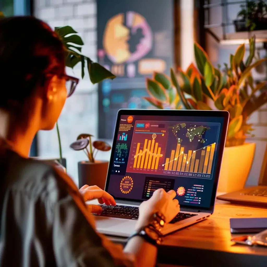 Small business owner using AI-driven marketing tools for WordPress SEO in a cozy office