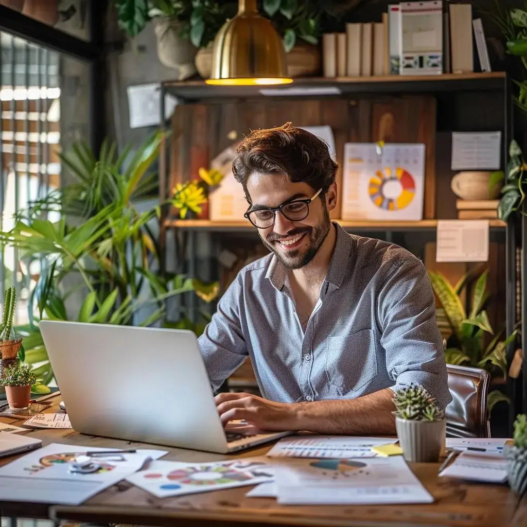 Small business owner using Zoho solutions in a bright office setting