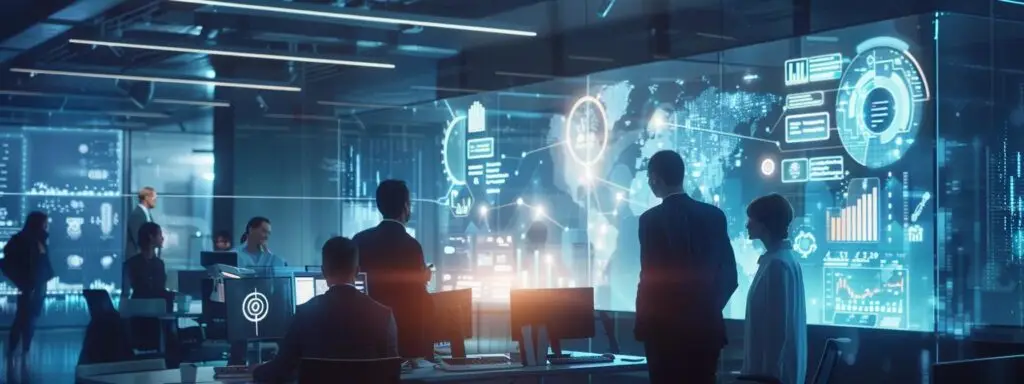 Business professionals analyzing data on futuristic screens in a high-tech office environment, showcasing advanced analytics and marketing insights for optimizing strategies.