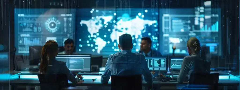 Team of marketing professionals analyzing data on multiple screens in a high-tech workspace, emphasizing collaboration and advanced analytics for campaign optimization.